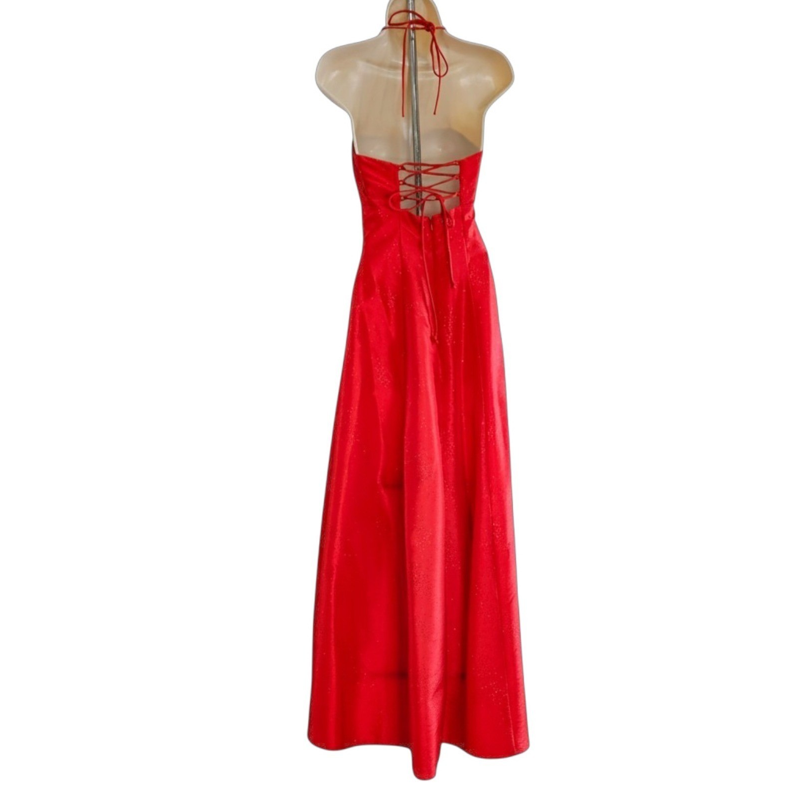 Zum Zum Niki Livas Y2K Red Shimmer Halter Gown XS/S Corset Lace Up Back Dress