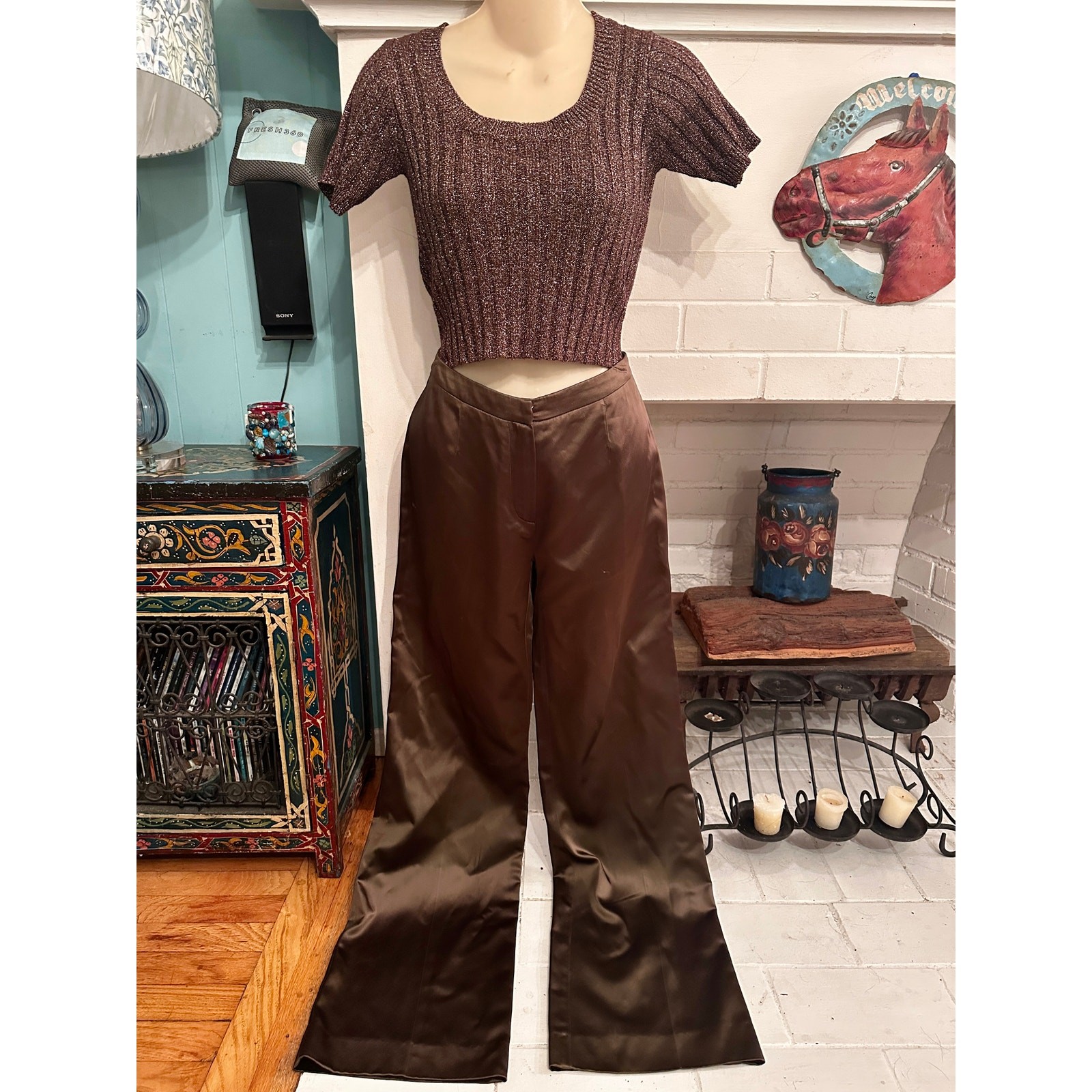 VINTAGE LES COPAINS ITALY HI SHEEN CHOCOLATE BROWN SATIN WIDE LEG PANTS