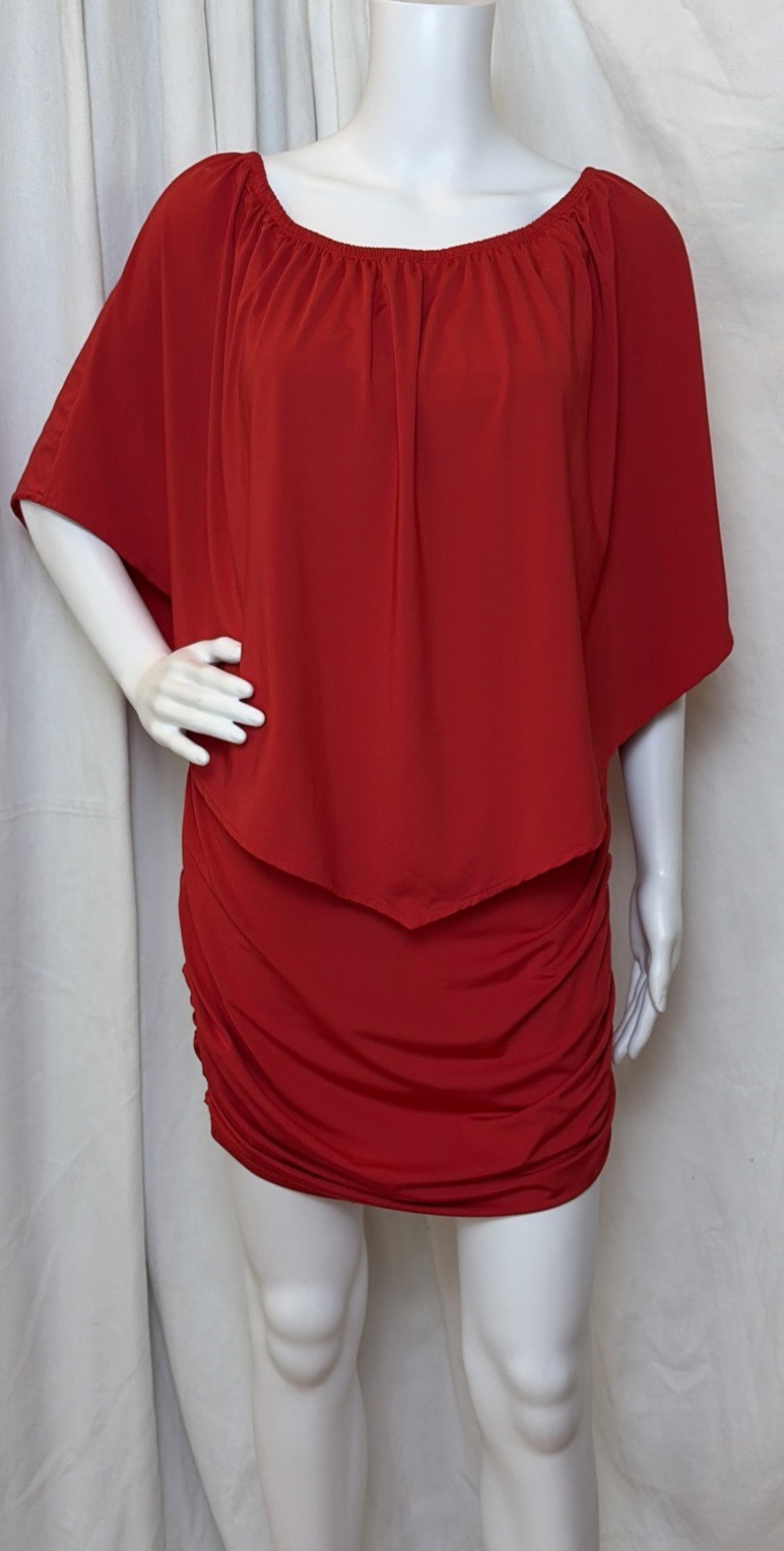 VTG 70s 80s Sexy Disco Party Clubwear Red Ruched Dolman Capelet Mini Dress S/M