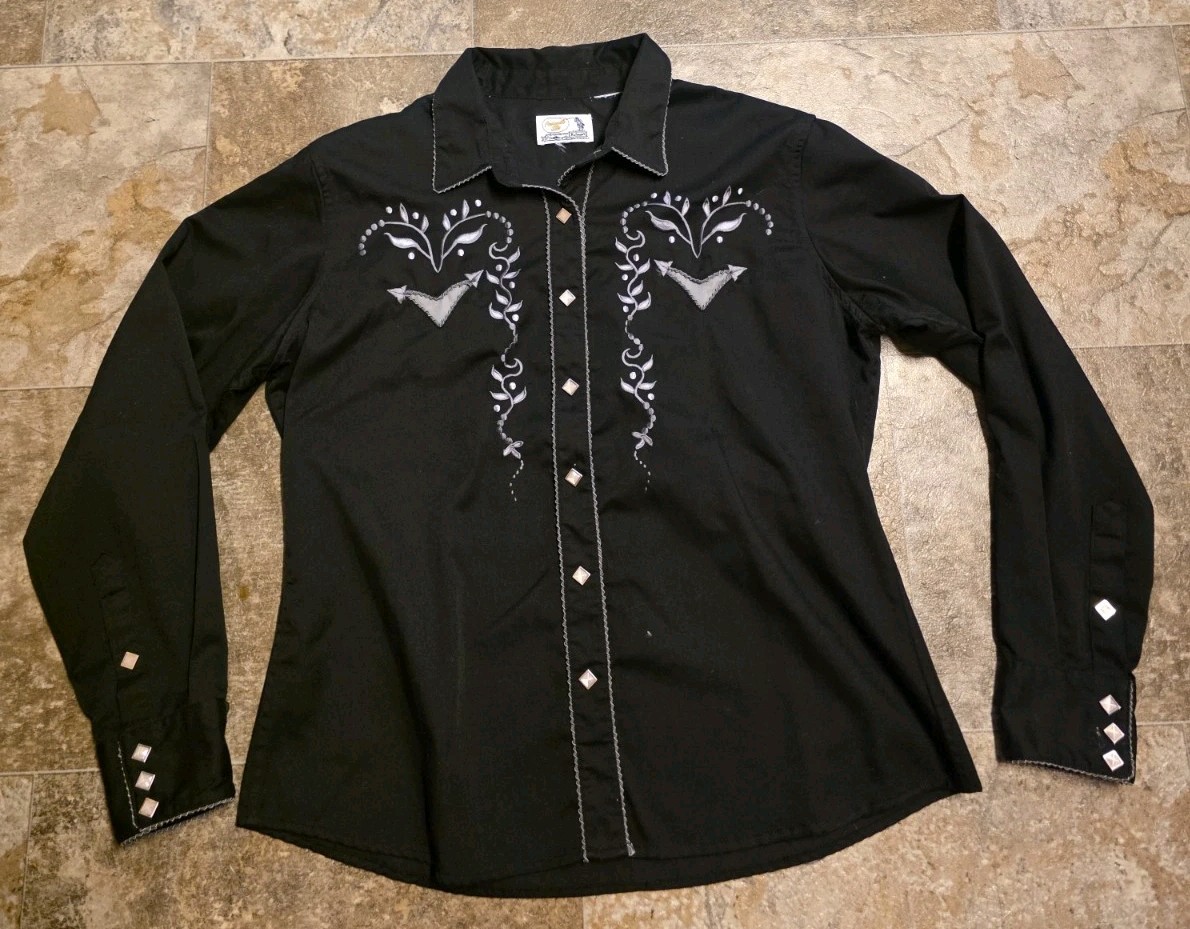 Vintage Panhandle Slim Embroidered Beaded Metal Snap Western Shirt Large 21″x26″