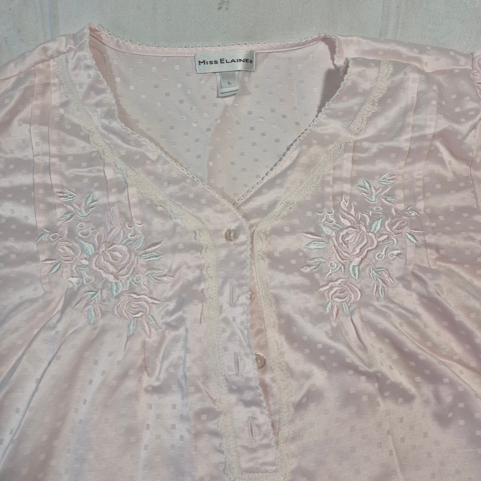 VTG Miss Elaine Pink Check Satin Nightgown Embroidered Floral Size L 90s