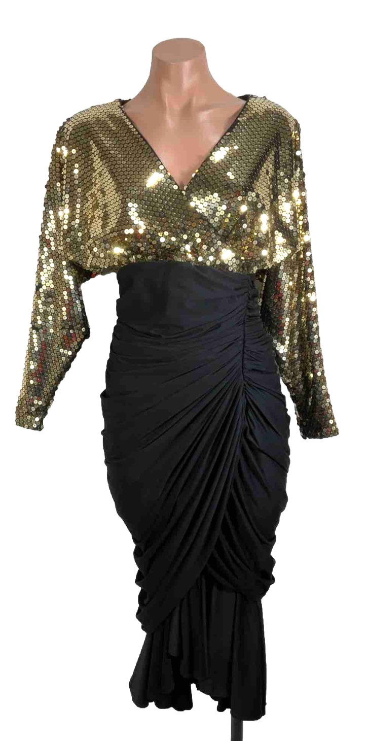Tadashi VTG Formal Gold Sequin Ruched Draped Cocktail Party Dress Holiday NYE