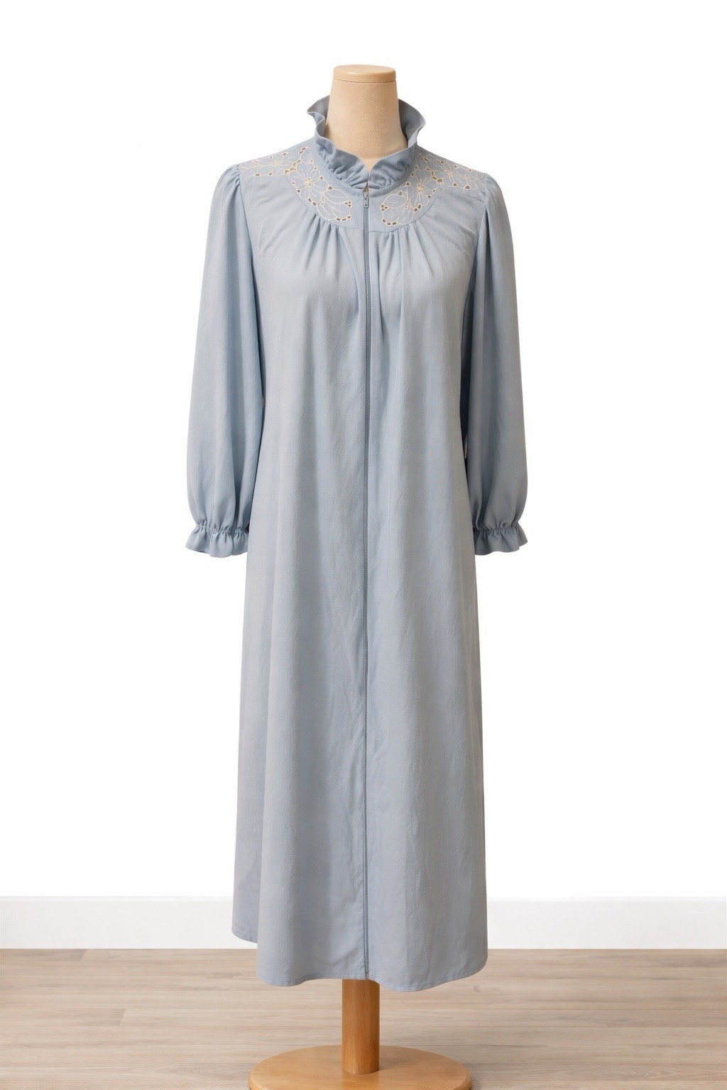 Vintage 1970s Sears Take Along Blue Zip House Dress Embroidered Yoke USA M 12-14