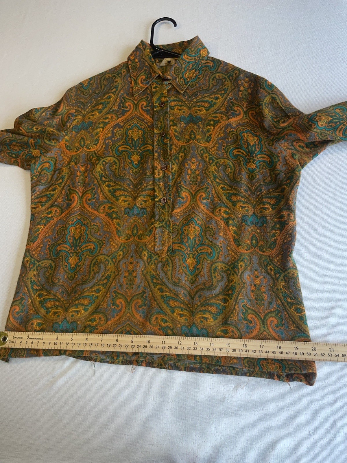 VINTAGE 50s 60s Collar Button Shirt Rockabilly Paisley Hippy Boho S Psychedelic
