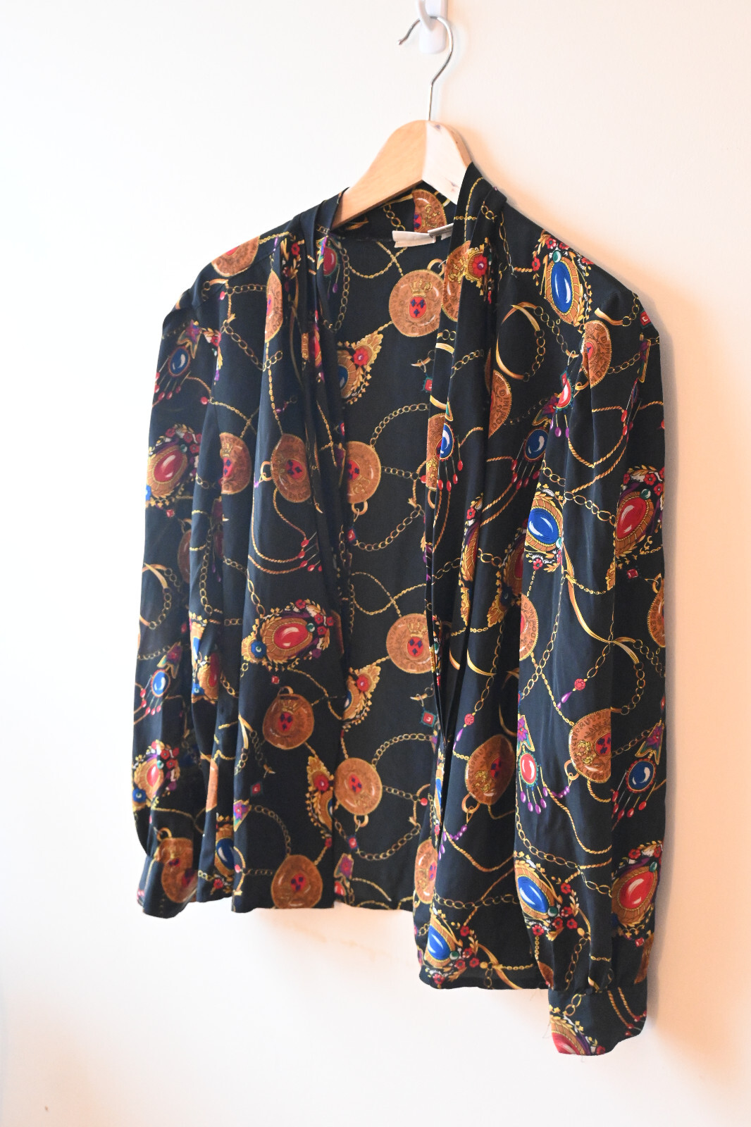 Vintage Marlis Secretary Blouse Black Retro Chain Print Pattern 12