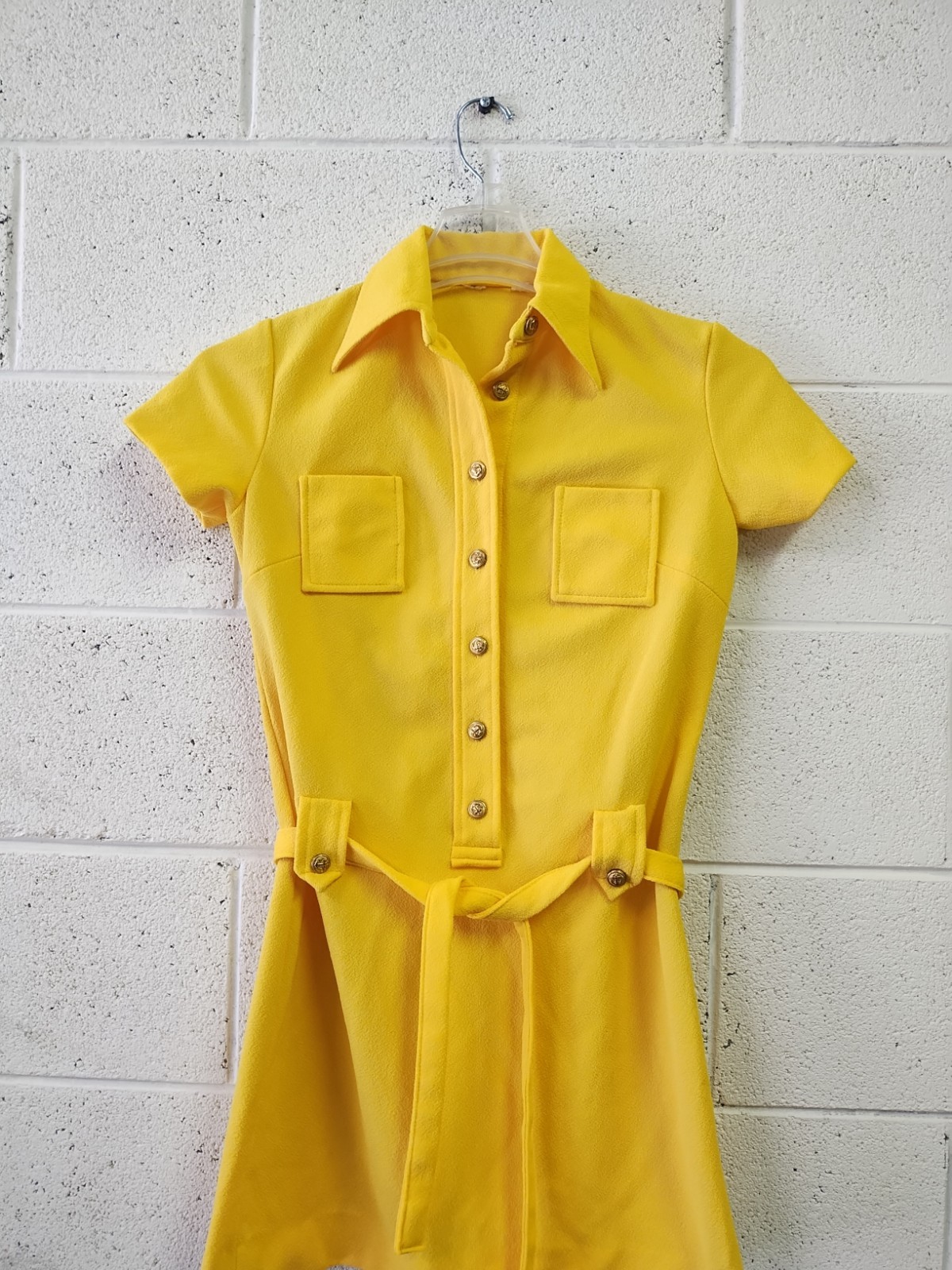 Vintage 1970’s Yellow Polyester Dress Brass Nautical Buttons Belt Pockets SM/M