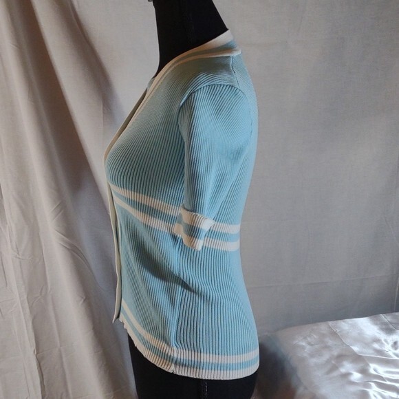 Vintage 70’s Light Blue w/White Stripes Short Sleeve Cardigan w/ Faux Tank – M