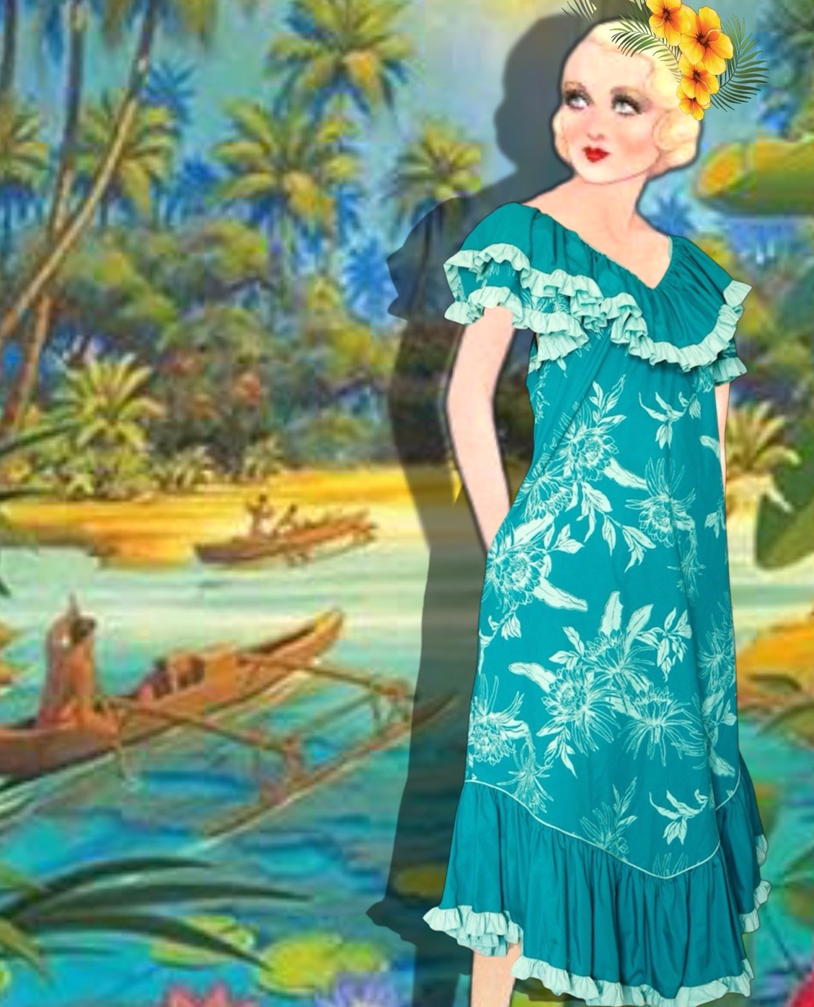 Princess Kaiulani Vintage Muumuu Dress Pockets Ruffle Hawaii Tiki Dress Teal Med
