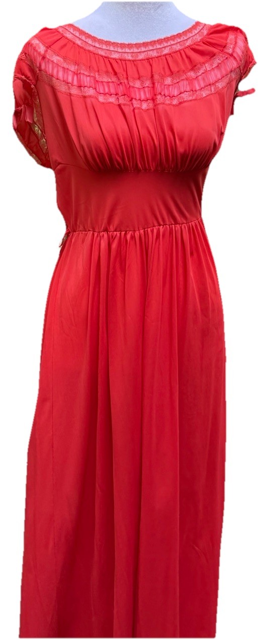 Vtg 60s Nightgown Chiffon Pleat Maxi Empire Goddess Siren Red Lace Nylon M 36 38