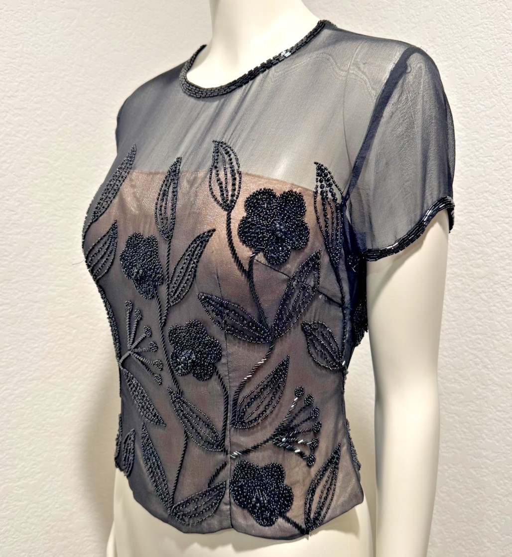 Vtg Adrianna Papell Evening Beaded Silk Top Black Illusion Sheer Nude Lace 6P