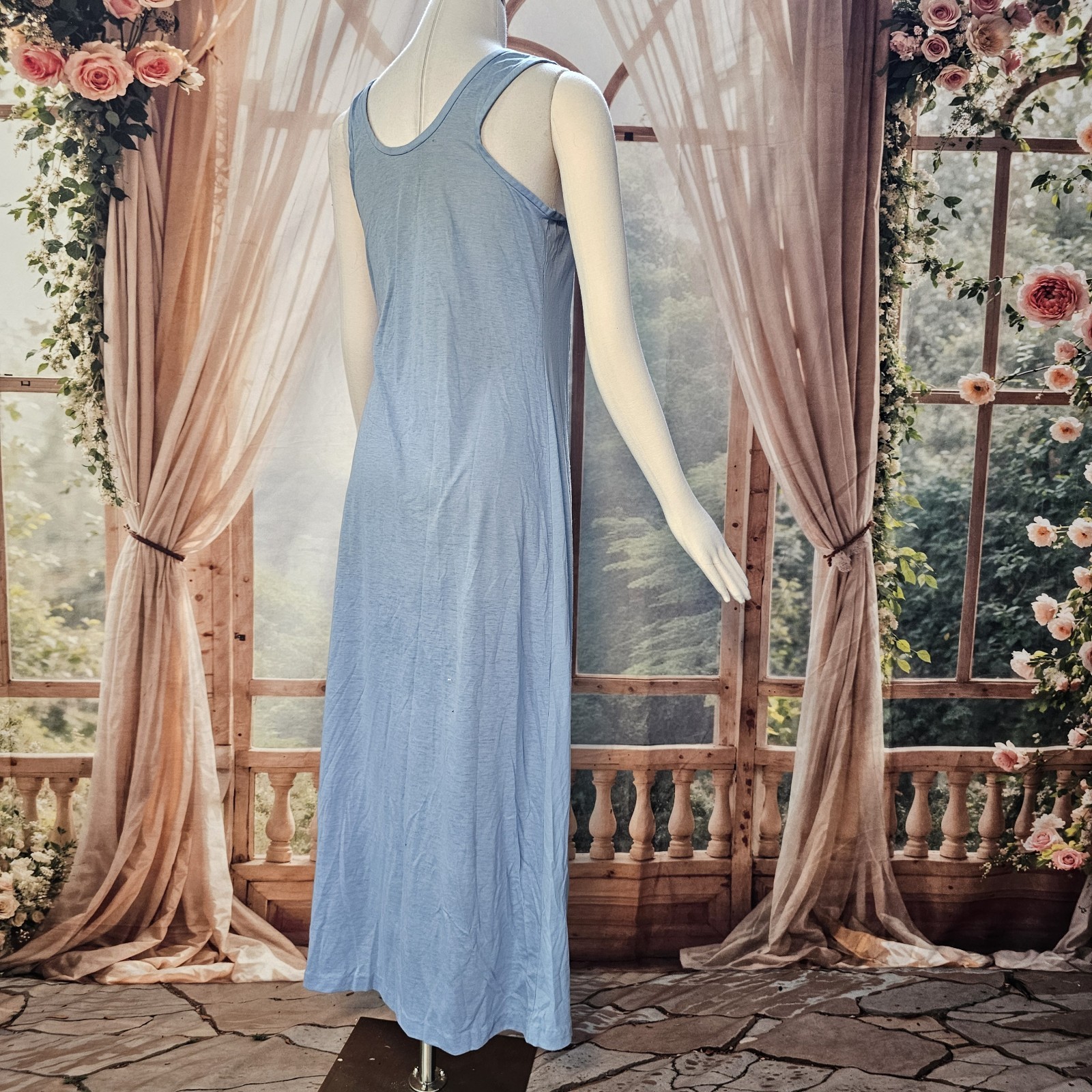 Vintage 1970s Dress Maxi Floor Length Baby Blue Floral Bee Patch Sleeveless Tank