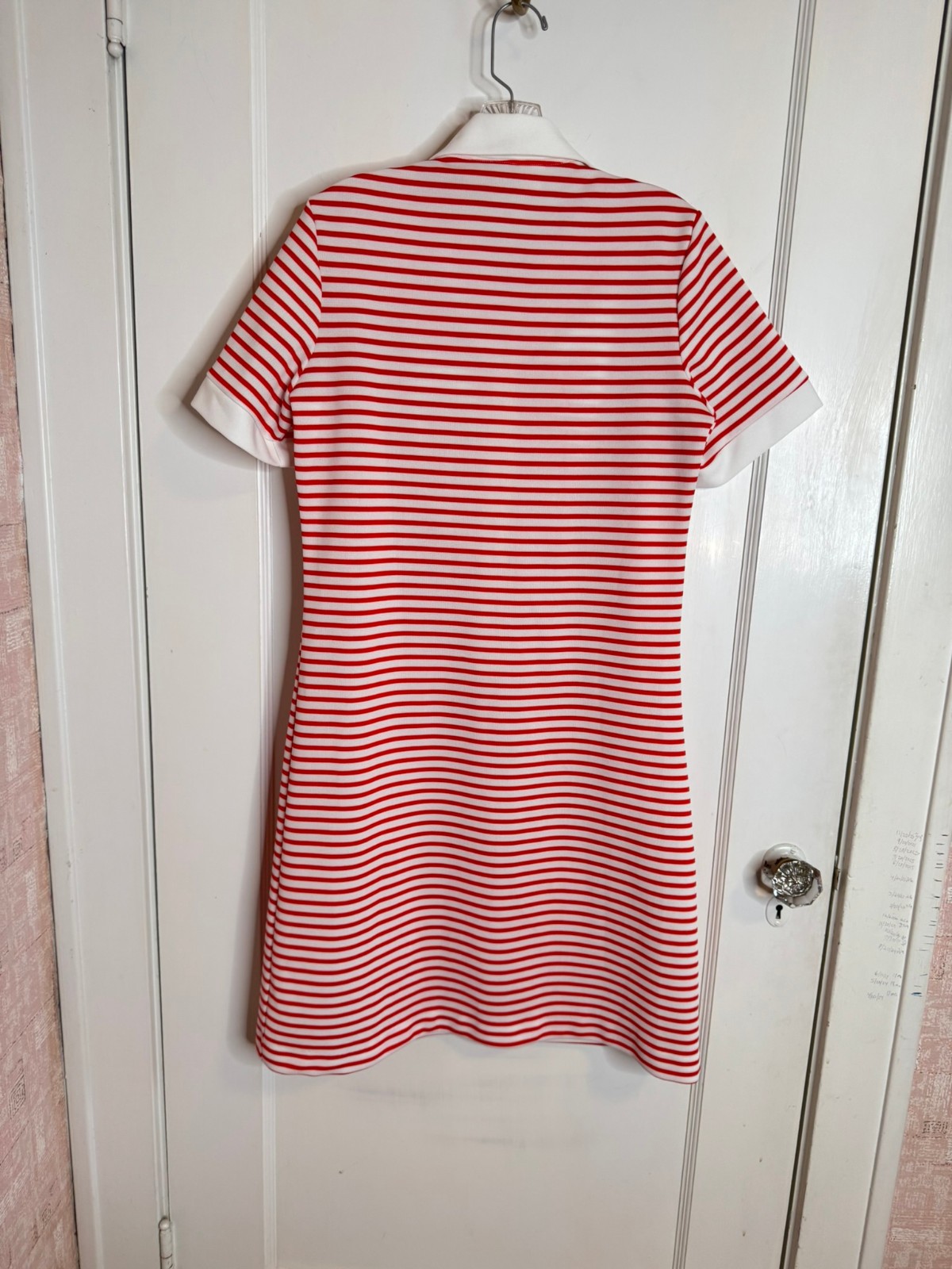 Vtg Red & White Knit Short Sleeve Collared Zipper Front Twiggy Mod Dress sz L
