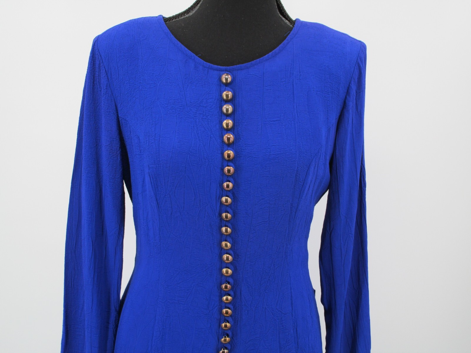 DAWN JOY Midi Career Dress Women SZ 7/8 Blue Peplum Brass Buttons VINTAGE 80’s
