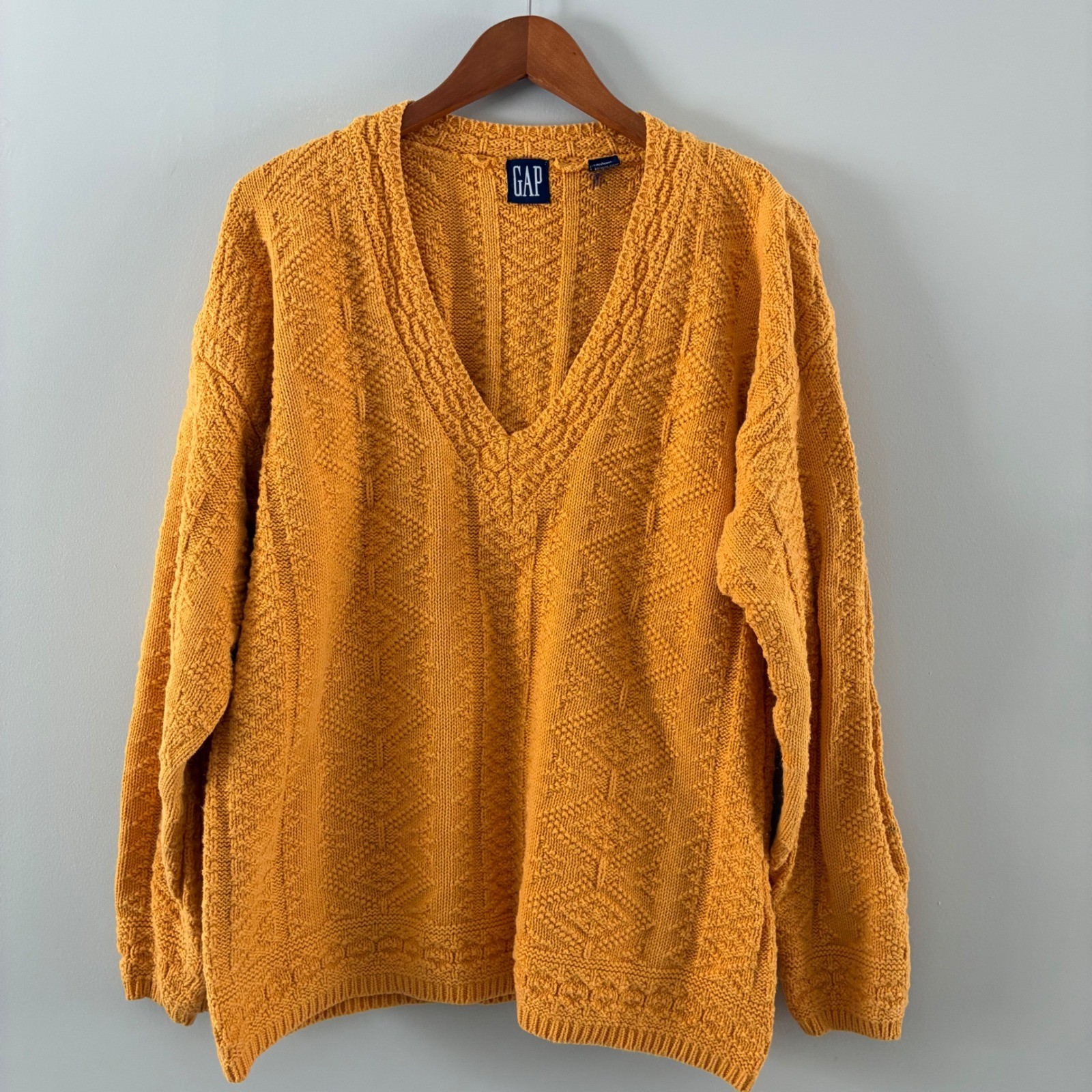 Gap Vintage 90s Mustard Yellow Textured V-Neck Sweater Ramie Cotton Womens Large