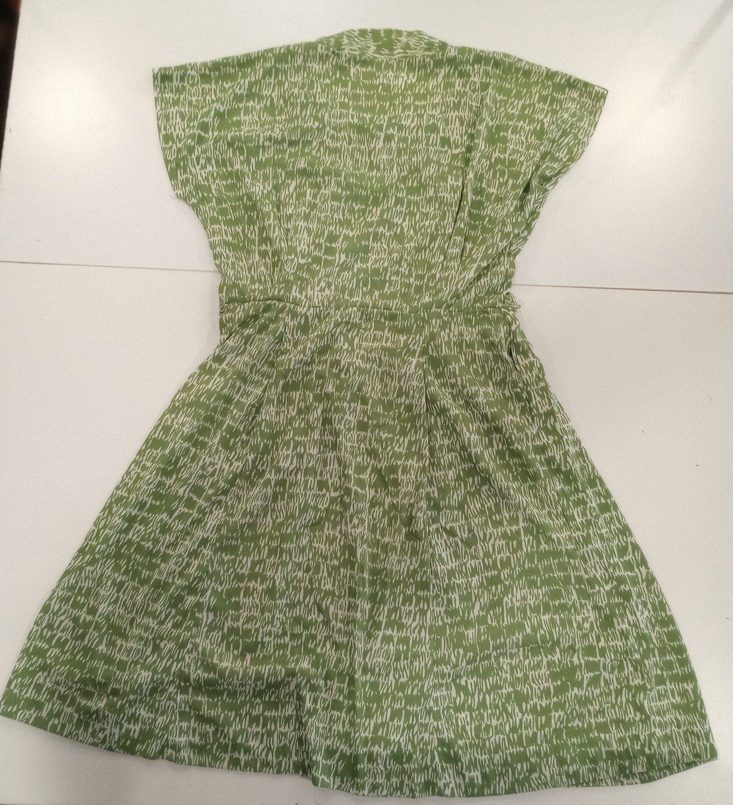 Vintage Green White Abstract Satin A Line Midi Dress Short Sleeve Side Zip