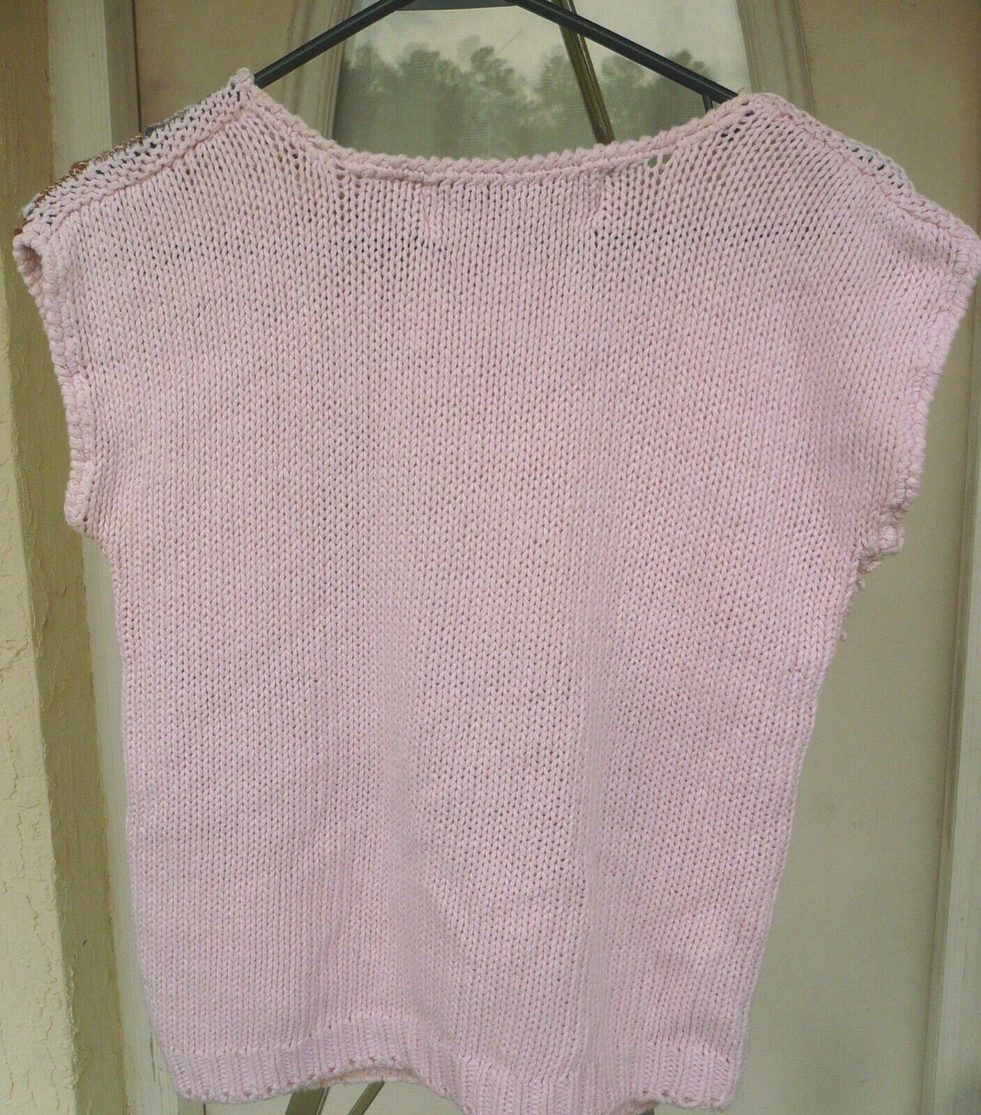 VTG 80S KOREAN POPCORN PINK IVORY BROWN 3D SLEEVELESS LINEN COTTON M WOMEN PULLO