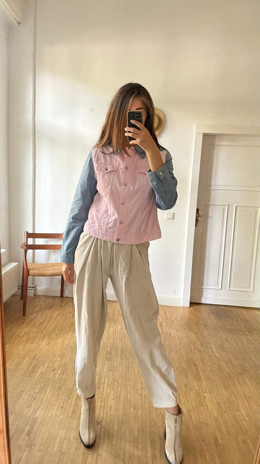 Escada sport denim jacket, Baby pink and light blue summer coat, Vintage high en