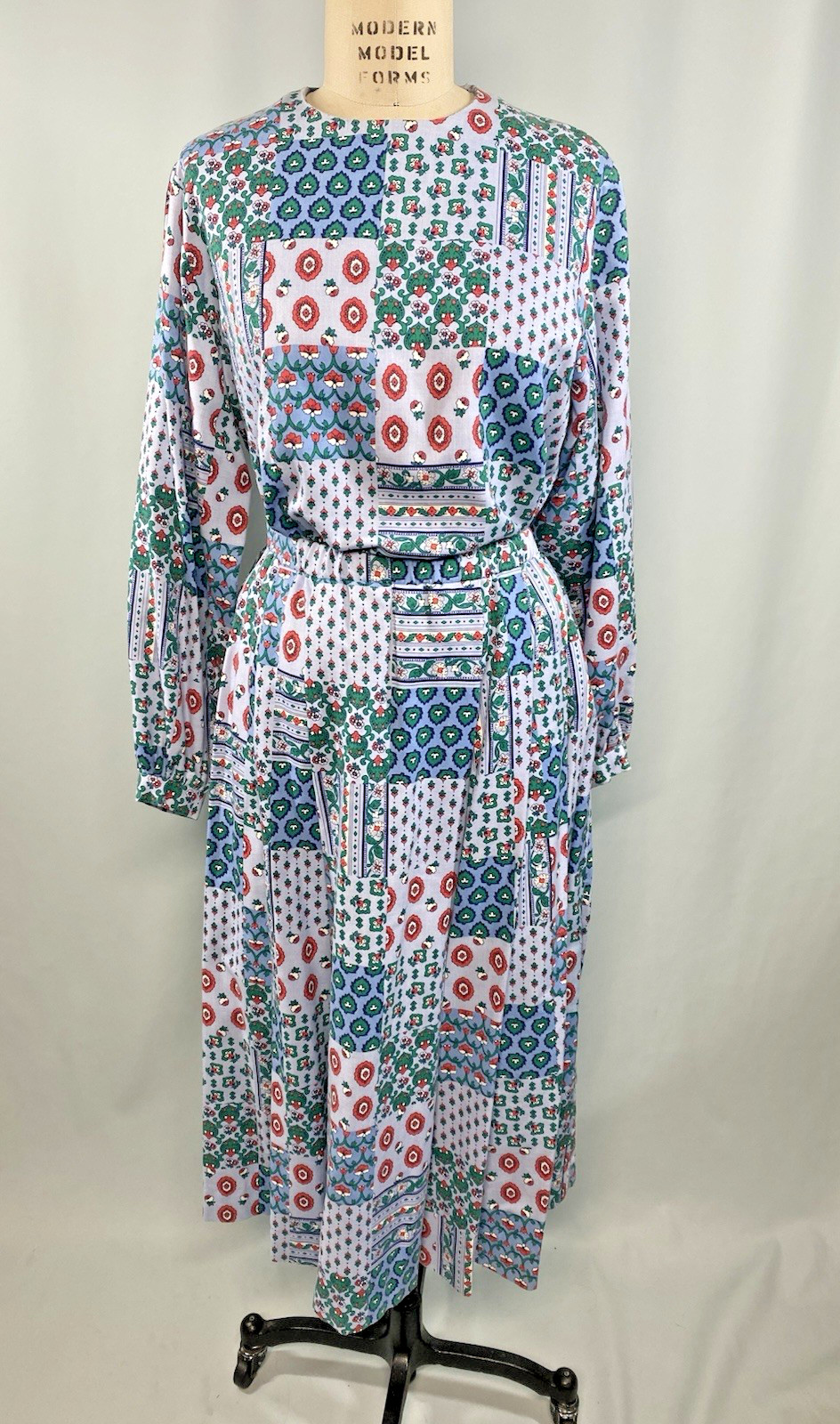 Vintage Dress top & skirt set SIZE MEDIUM blue patchwork cottage 70s 80s boho