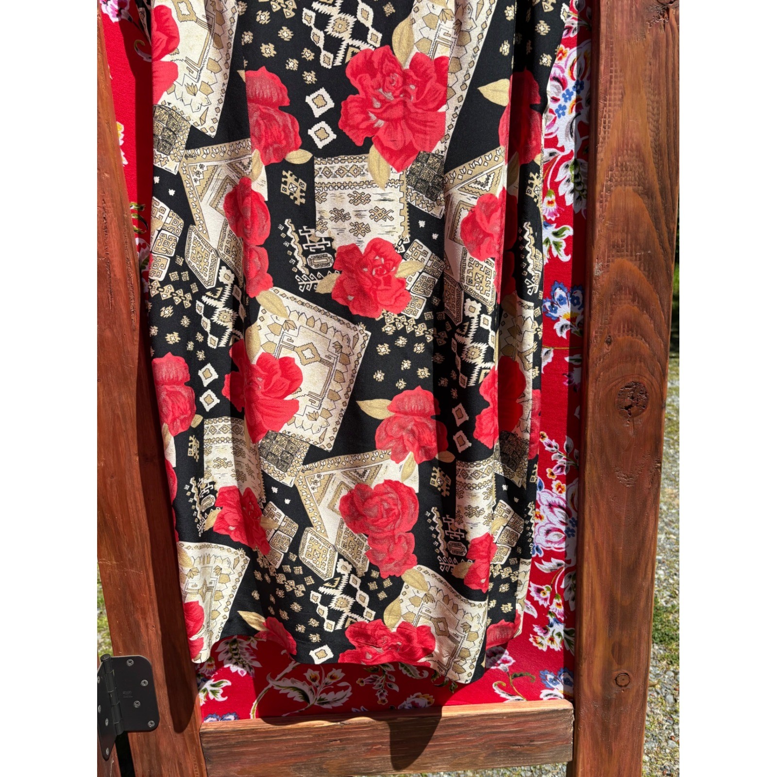 100% Silk Vintage Red Black Patchwork Print Boho Chic Euro Summer Dress Size S-M