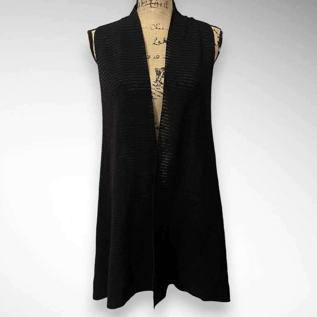 EILEEN FISHER Black 100% Wool Sleeveless Long Cardigan Vest Large | EUC