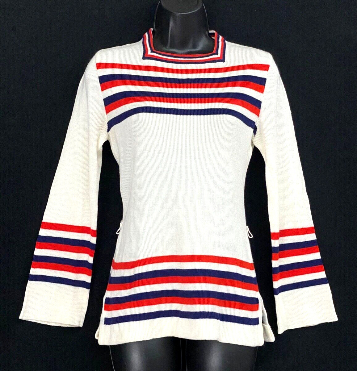 Vintage 1970s white sweater, red blue stripes bell long sleeves boho acrylic S