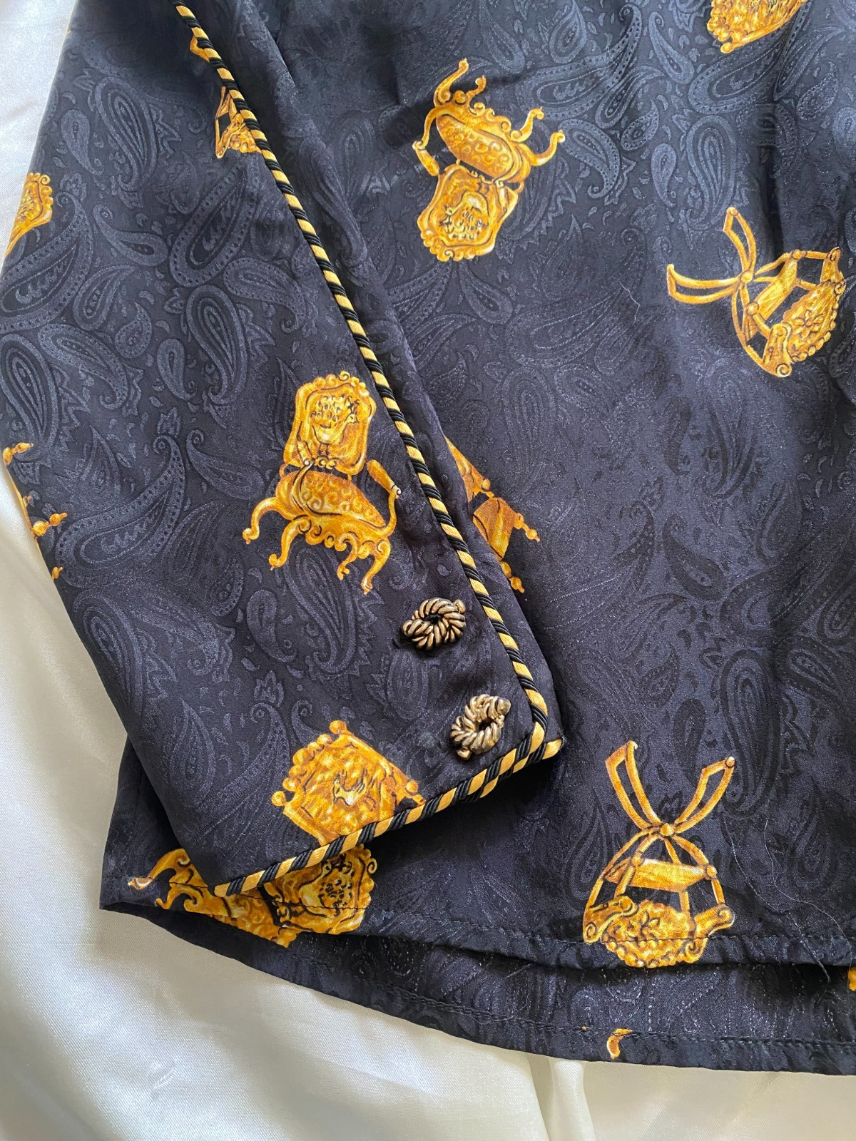 Vintage 1990s 100% Silk Baroque Chair Black Gold Novelty Blouse Size 6