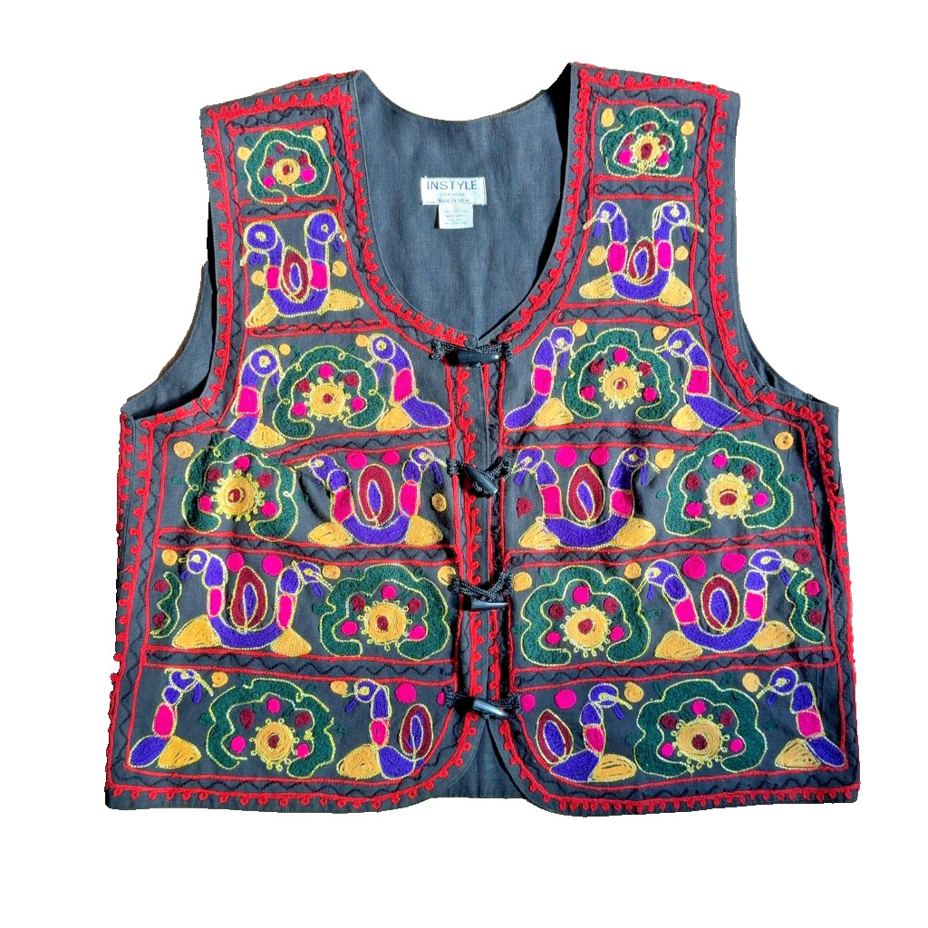 INSTYLE New York Embroidered Cotton Folk Boho Vest Made in India Large 23×23