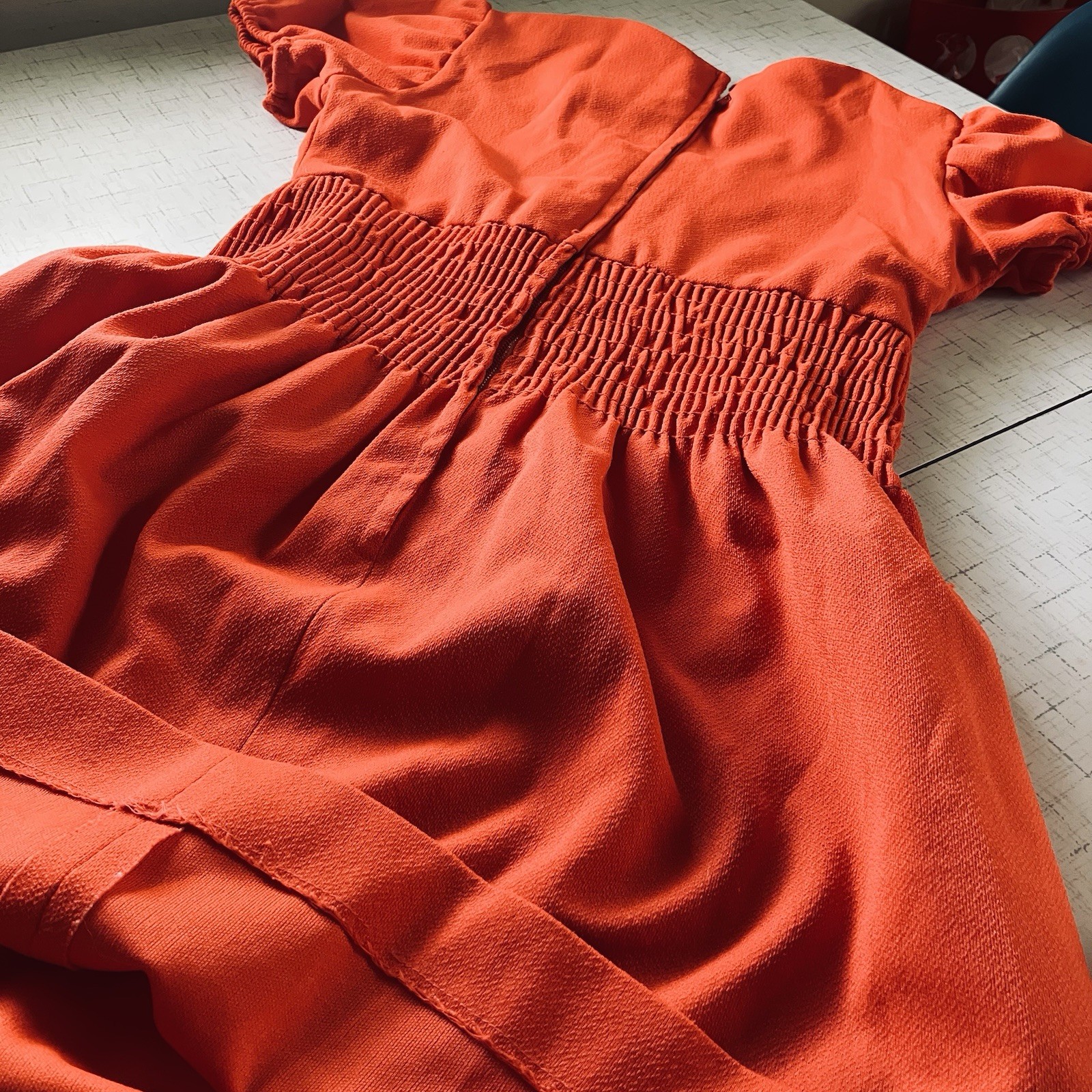 Vtg 60’s Short Red Dress Puff Sleeve Gathered Bodice Back Zipper sz s/m