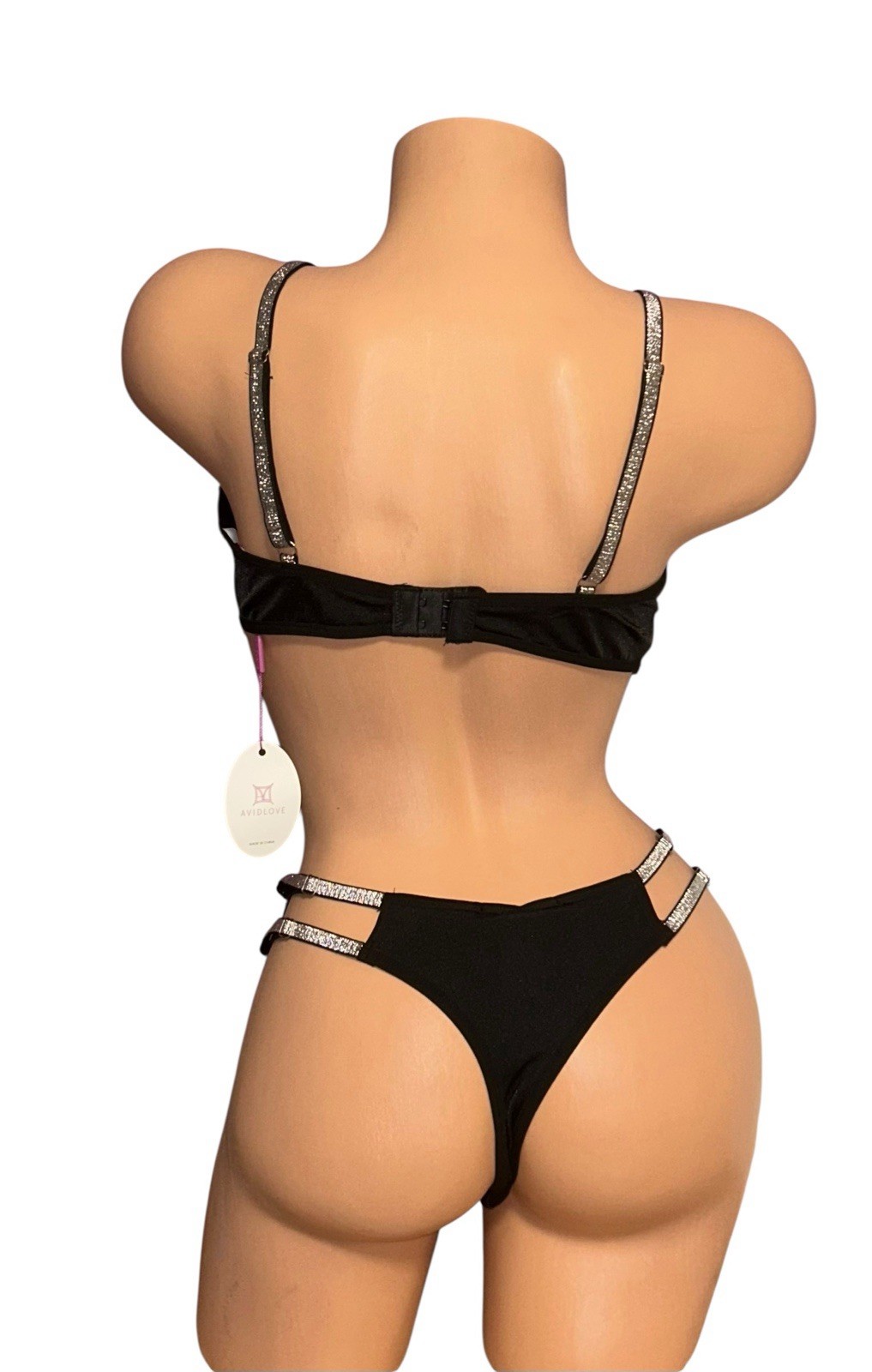 2PC AVIDLOVE Black Shiny Satin Silver Trim Bra & String Bikini Panties L NWT
