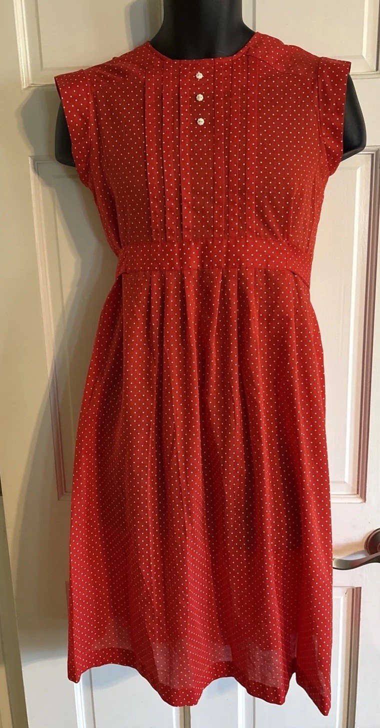 Vintage 70s Red Polka Dot Maternity Dress Medium USA Pintuck Cottagecore Prairie