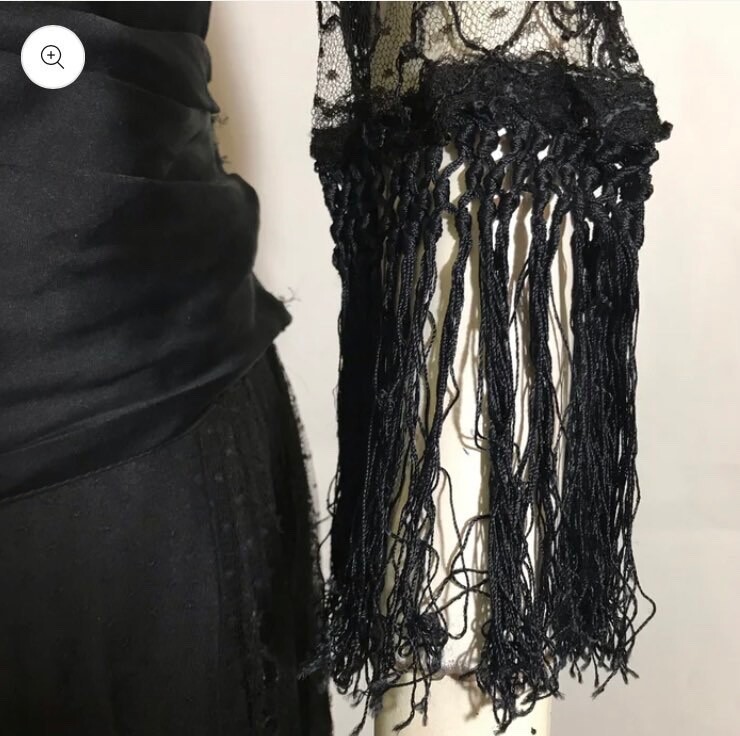 Antique 1910s Fringe and Bead Trimmed Black Silk Dress Vintage