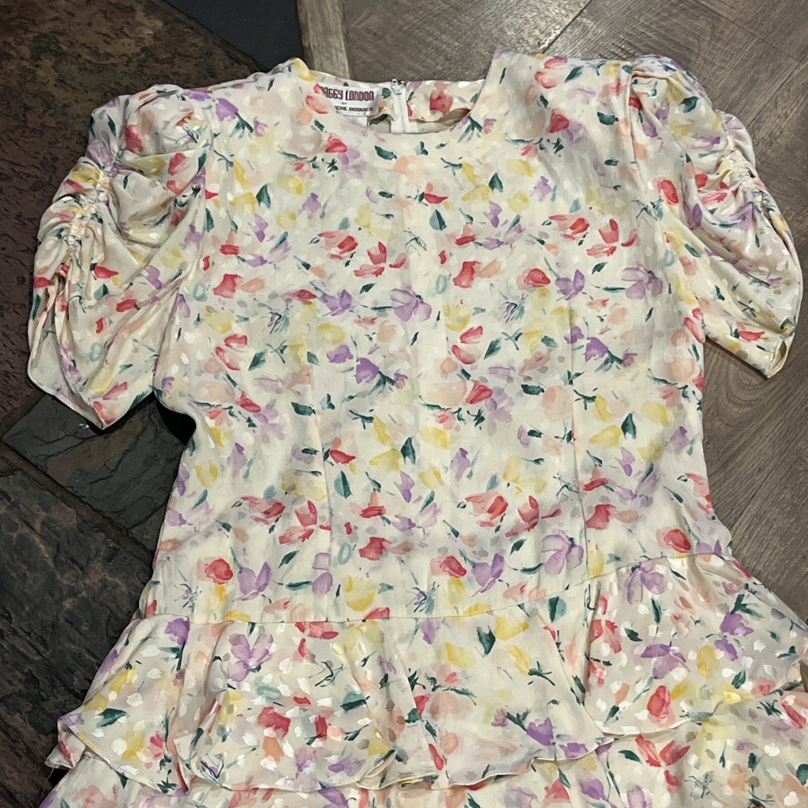 Floral SILK TIERED RUFFLES DRESS WHIMSY Fairy COQUETTE prairie Yellow Pink Sz 14