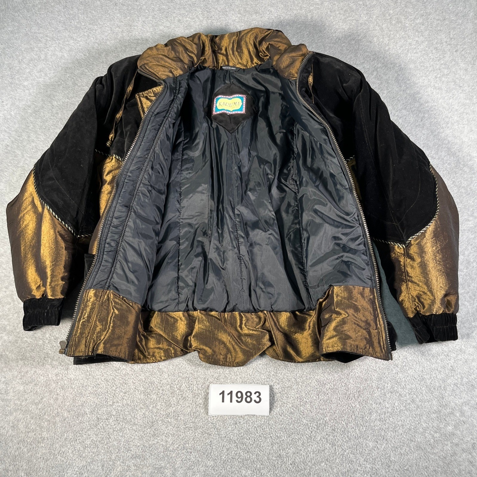 Vintage 80s Karizma East Jacket Womens Medium Black Gold Cotton Velvet Full Zip