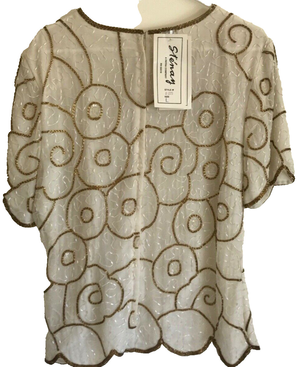 Vintage Silk Beaded Top, Ivory & Gold Stenay Deadstock Blouse, Shirt Formal L