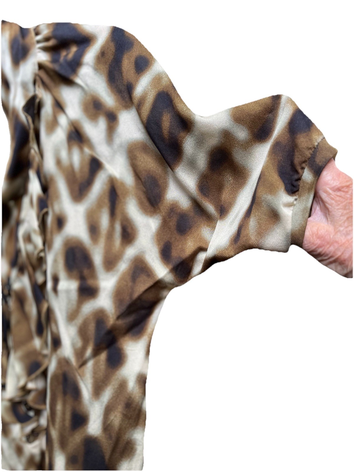 JUST CAVALLI VINTAGE Camouflage Top Short Sleeve Tie Ruffle Buttons Italy 42