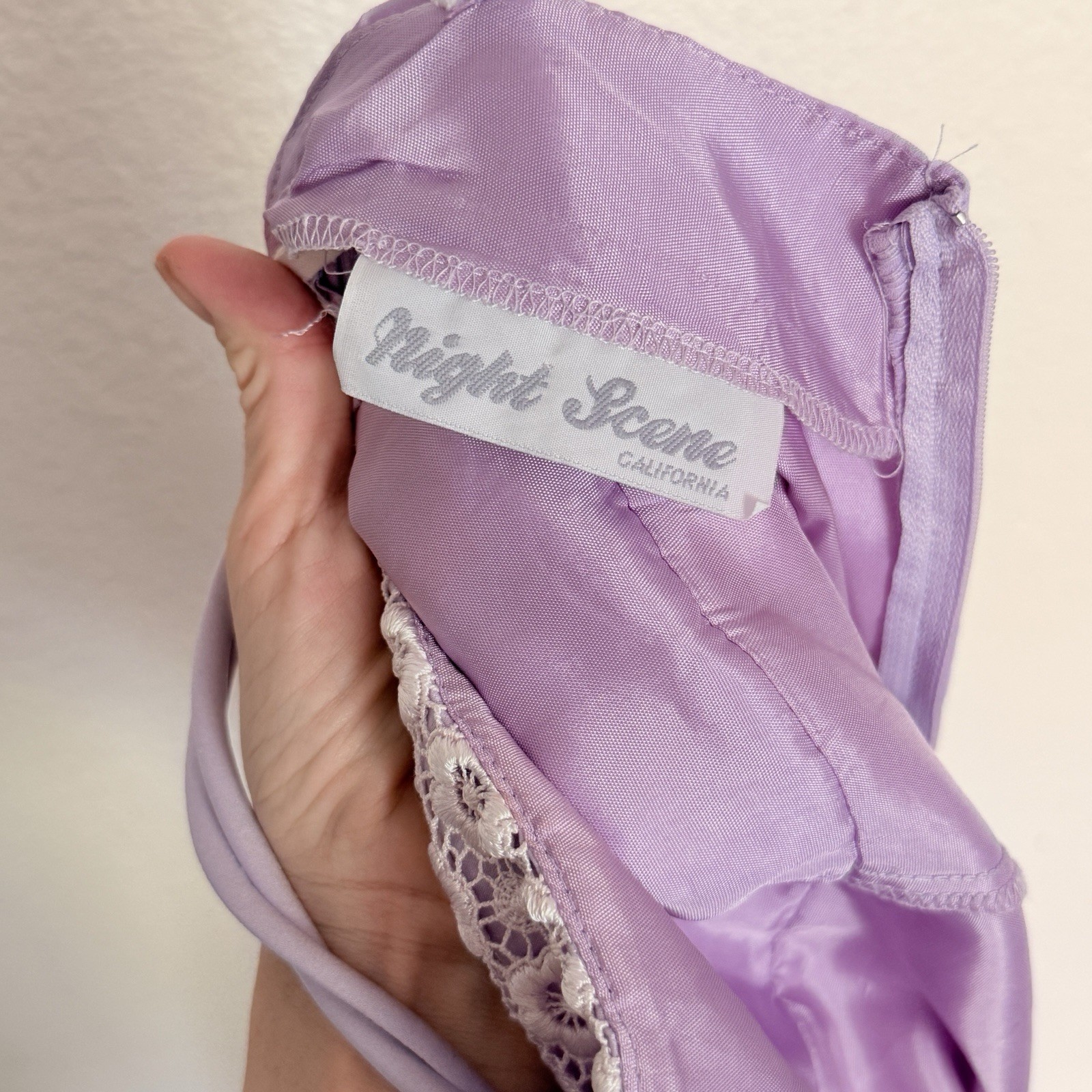 Vtg 90s Lavender Floral Lace Empire Waist Prom Dress Pastel Purple Maxi