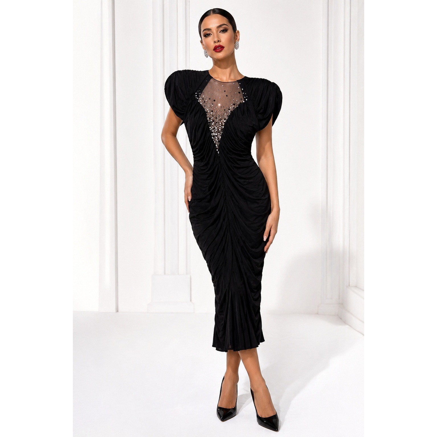 Vintage 80s Casadei Eletra Black Ruched Sequin Star Mesh Open Back Dress Size 10