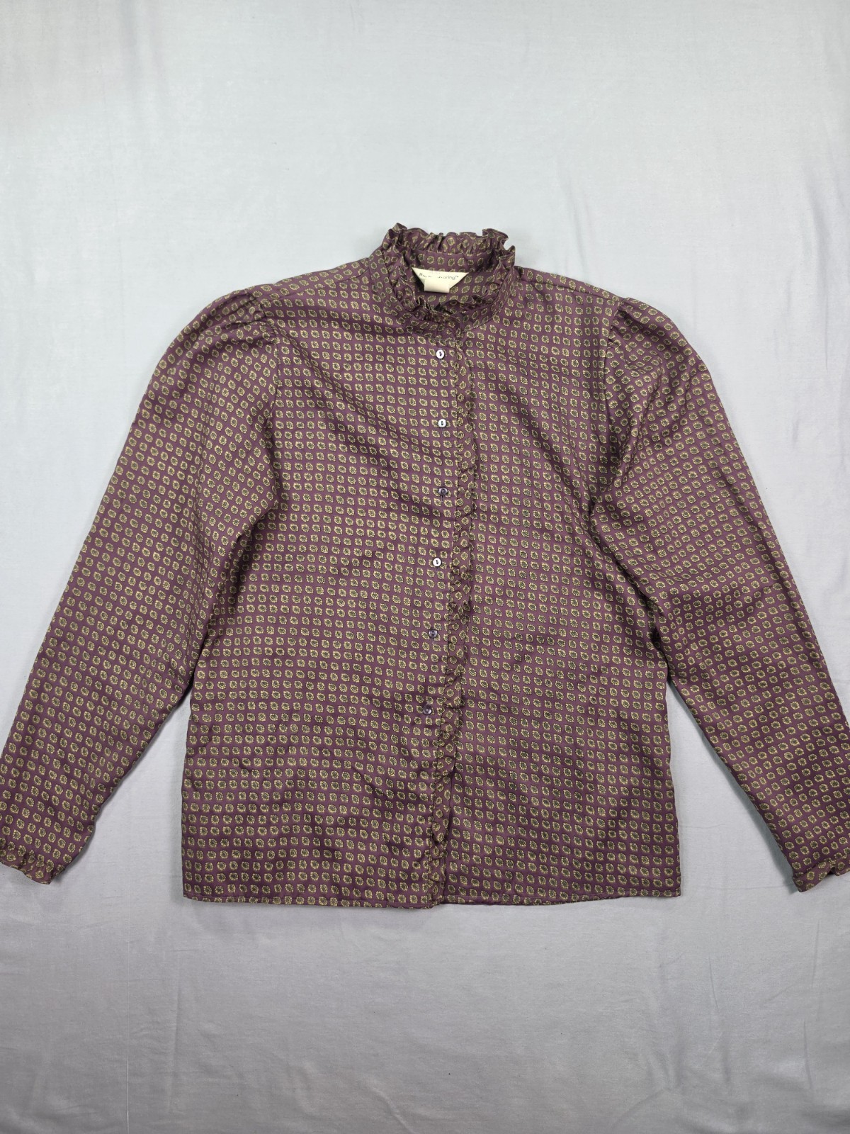 80s Sears The Gathering purple gold medallion ruffle collar blouse