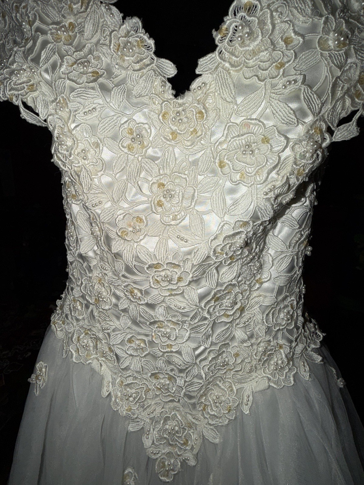 Vintage MORILEE Wedding Dress Size 14 Beaded Lace & Tulle- Long Train EXC