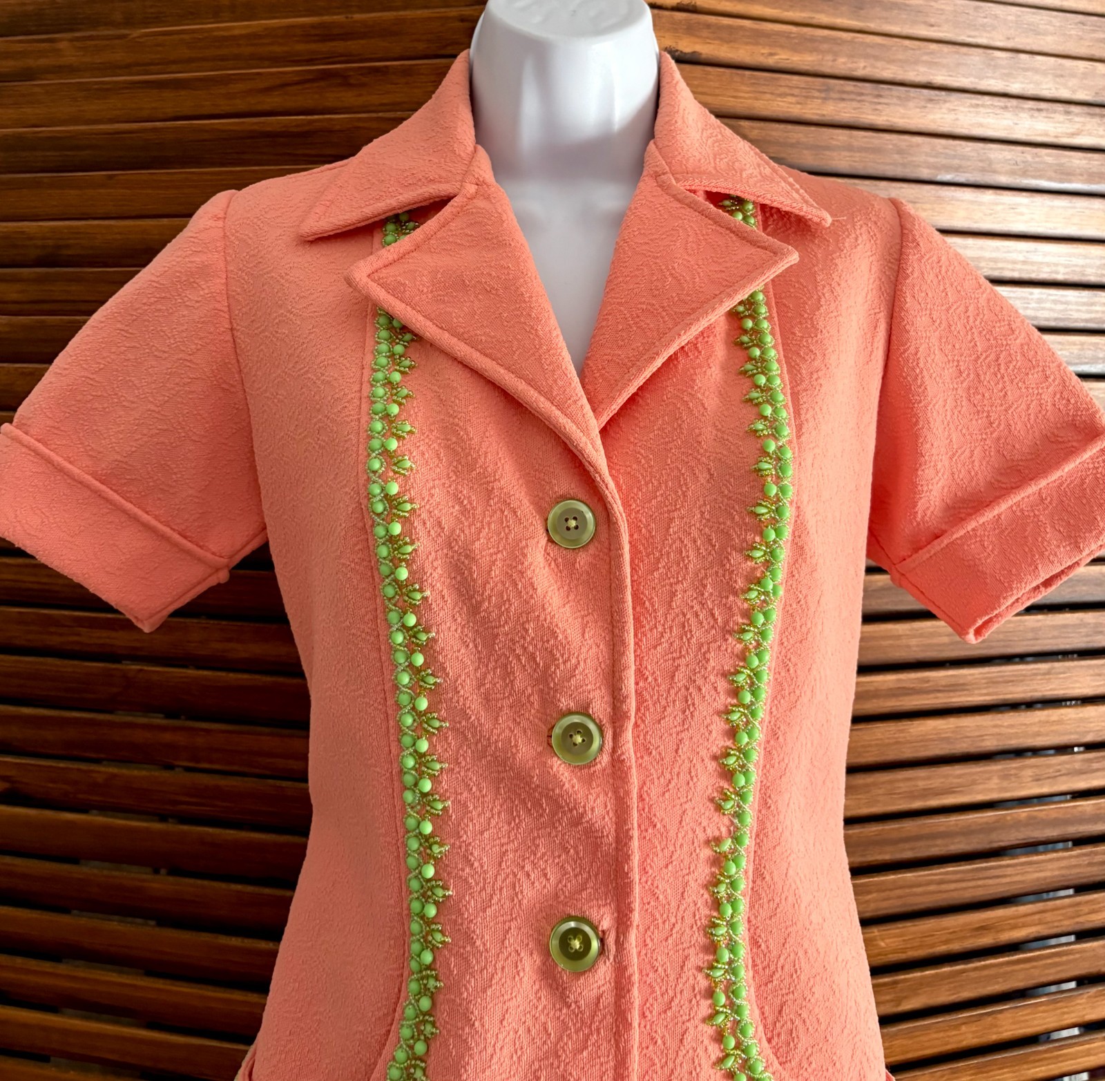 Vintage 70s Coral Beaded Jacket, Mrs Roper Style Polyester Knit Top S/M