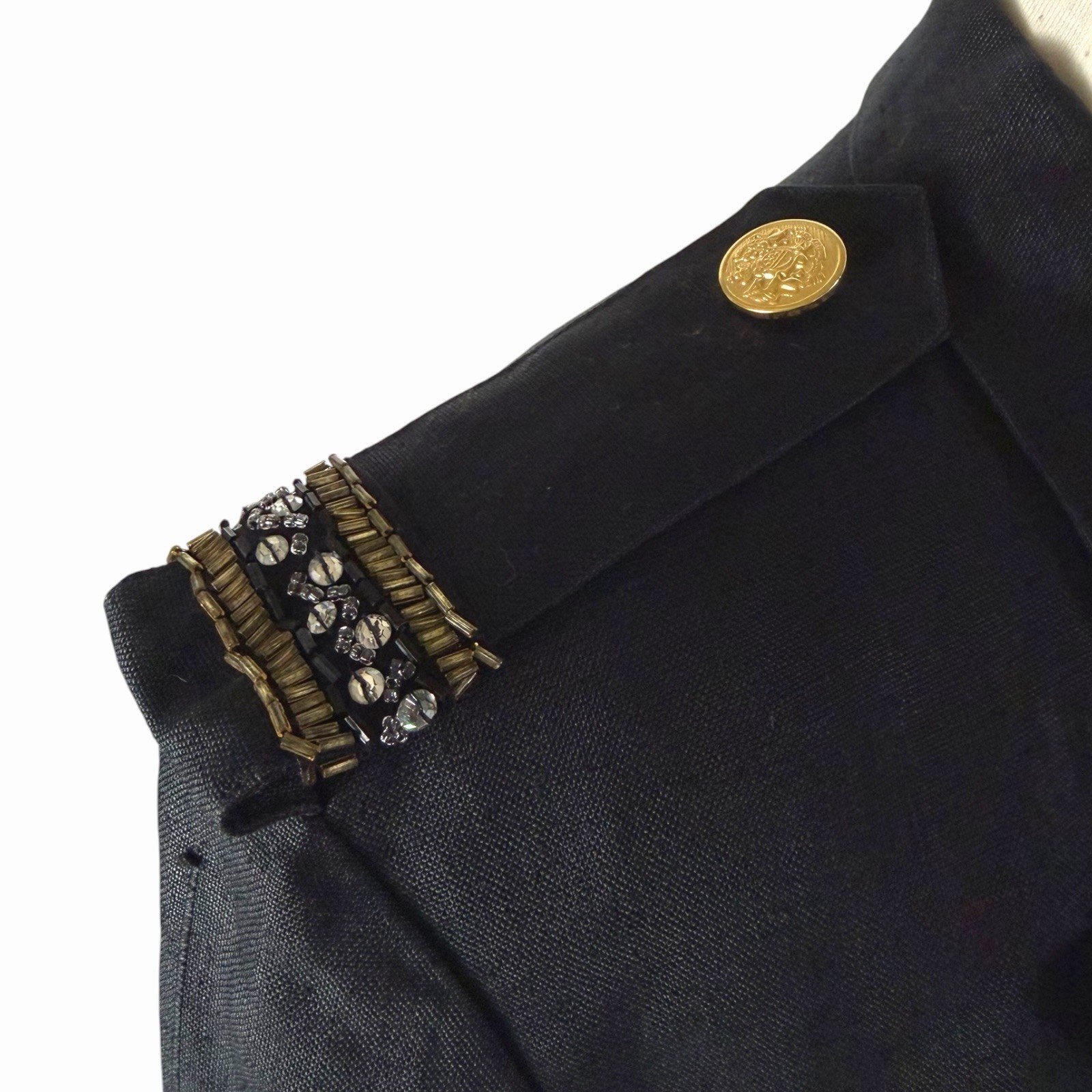 Vintage Pia Rucci Black Linen Cropped Spencer Jacket Military Beaded Blazer Sz 6