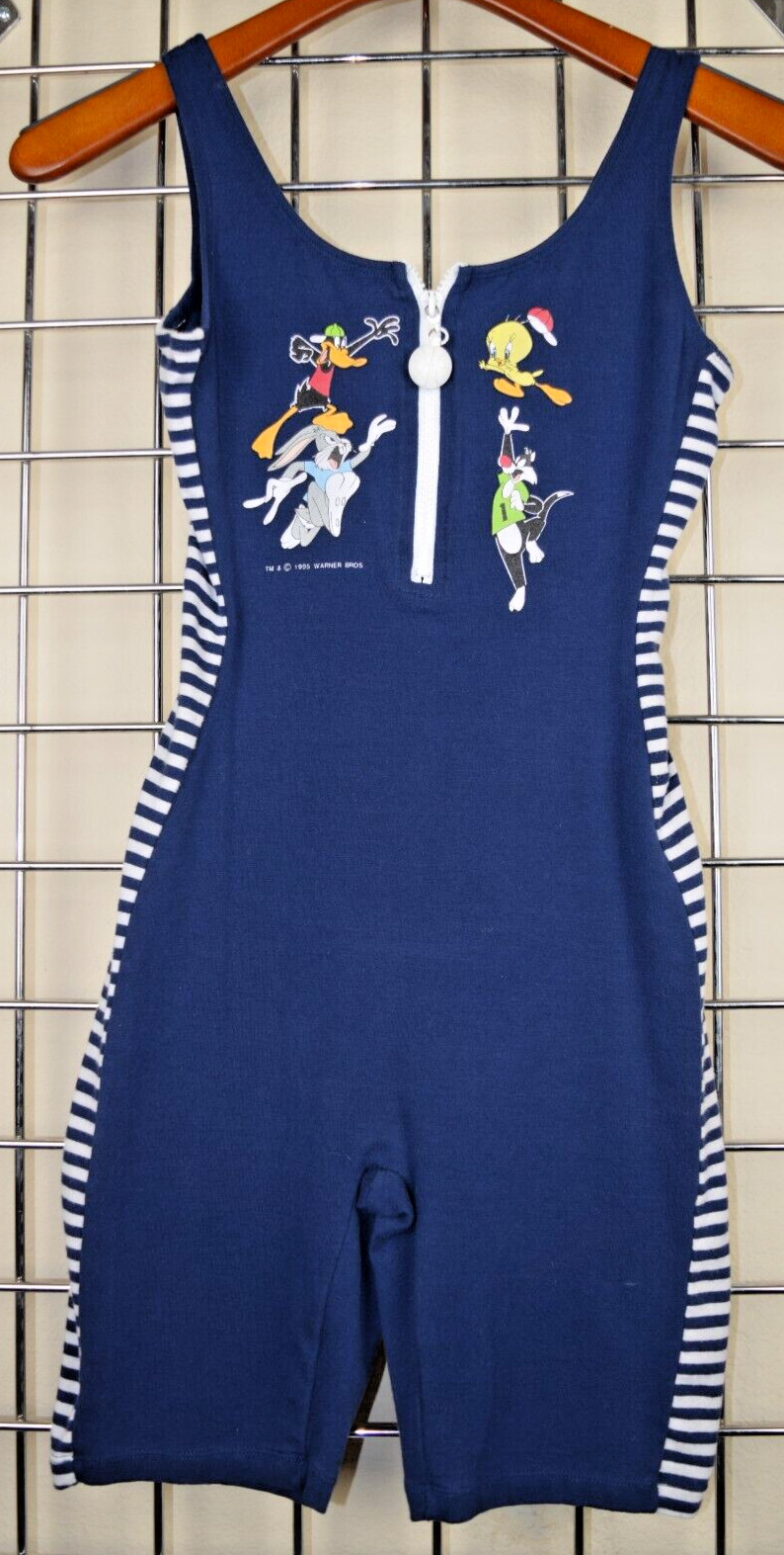 Vintage Jumper Size S/M 90s Looney Tunes Blue White Side Stripes Zip c.1995