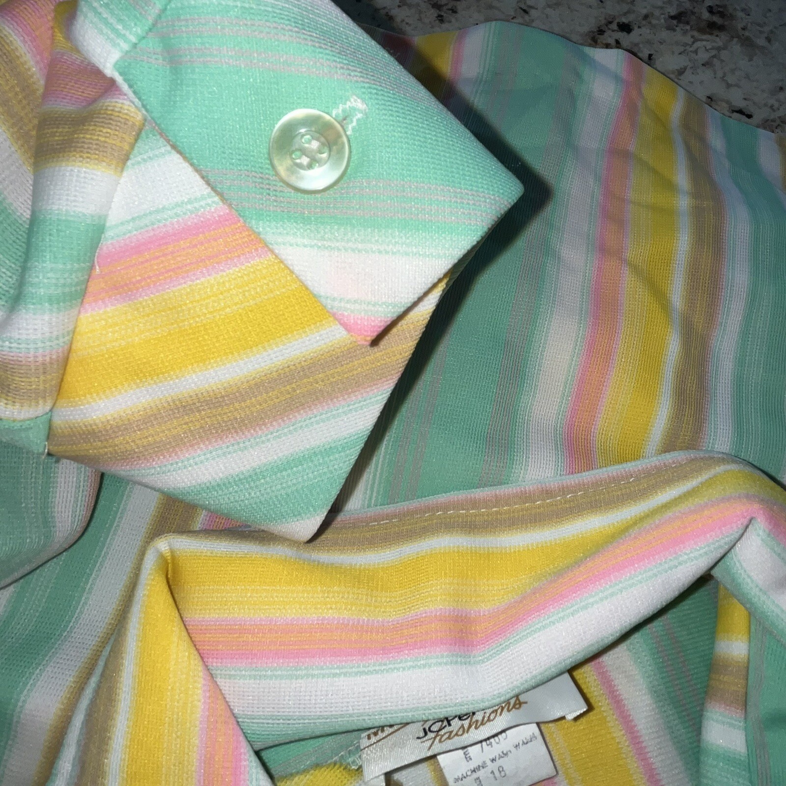 Vtg Shirt 70s Polyester Top Collar Spring Pastel Stripes Pink Aqua Brown L XL 40