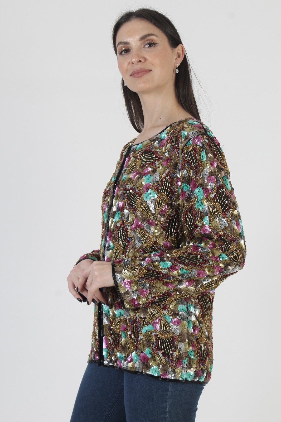 Vintage 80s Beaded Sequin Blazer Colorful Encrusted Sparkle Cropped Jacket