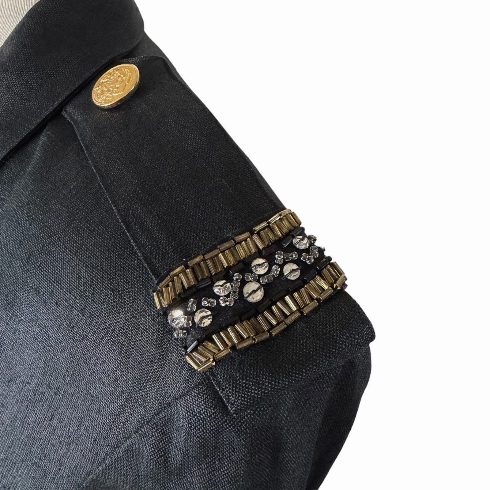Vintage Pia Rucci Black Linen Cropped Spencer Jacket Military Beaded Blazer Sz 6