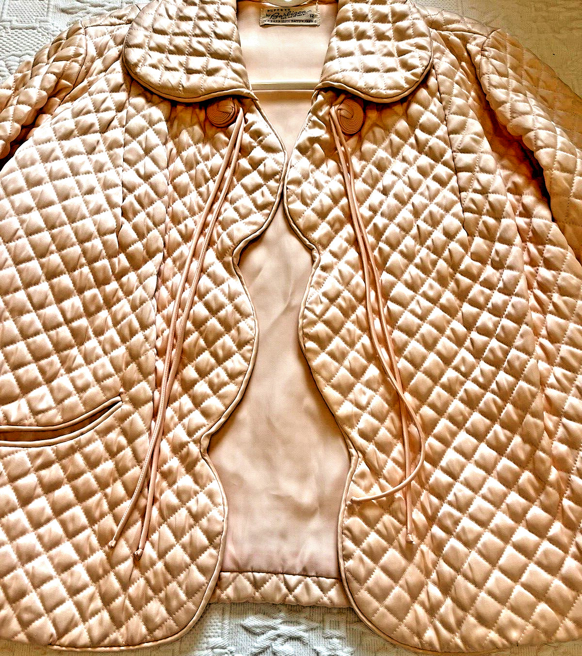 VTG 50s 60s Barbizon PEACH WOMENS Quilted Rayon Bed Jacket SZ 12 3/4 Sleeve