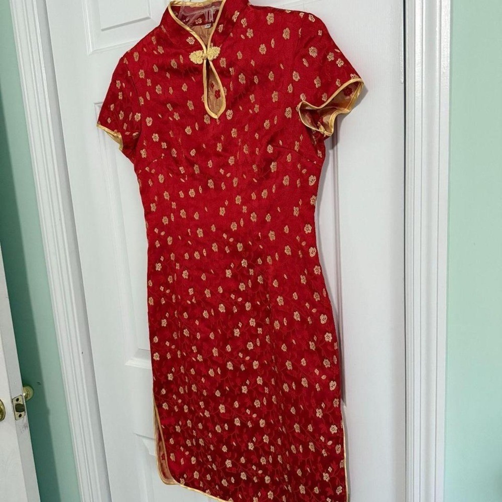 Women’s Red and Yellow Asian Design Dress Y2K Vintage Sz Medium