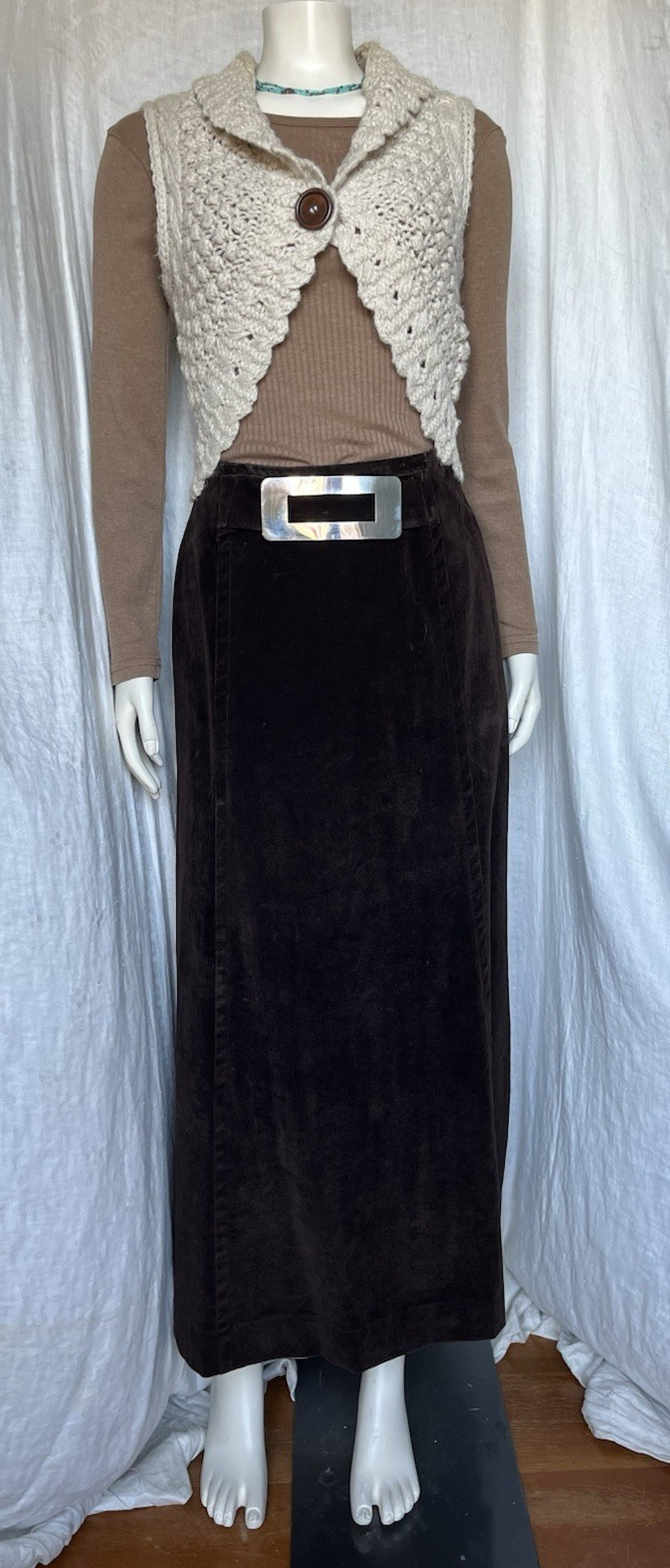 Vintage 1970s Maxi Skirt Brown Velveteen Metal Buckle Boho Hippie Grunge 70s XS