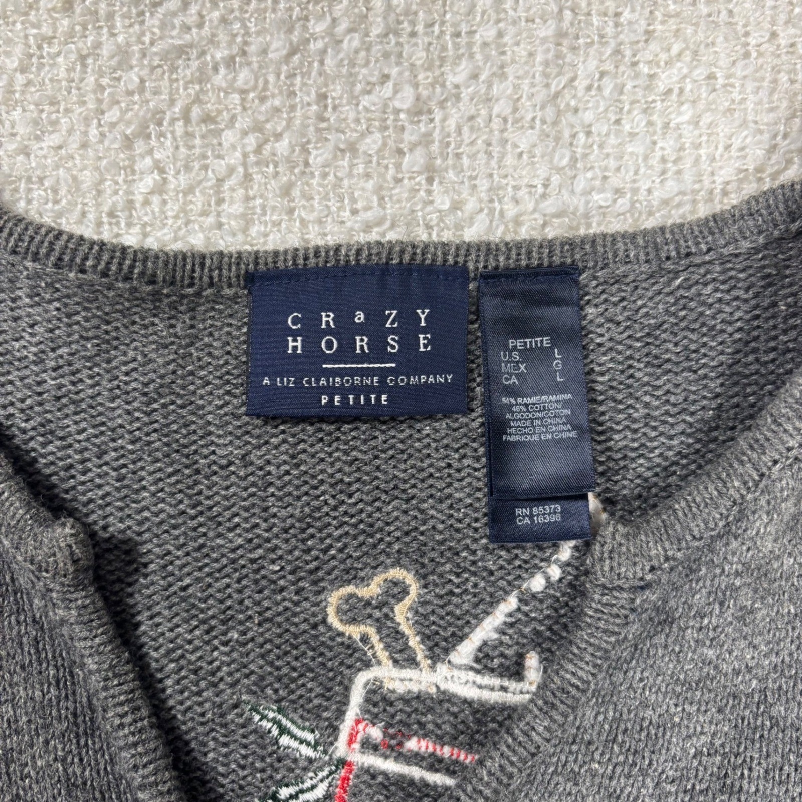 vintage 90s crazy horse liz clairborne ramie knit gray christmas puppy cardigan