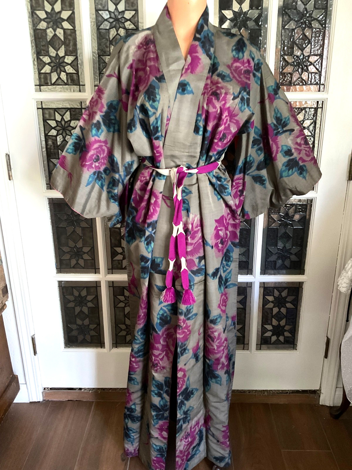 Vintage SILK JAPANESE Kimono Robe Dressing Gown Woven Sash Tie